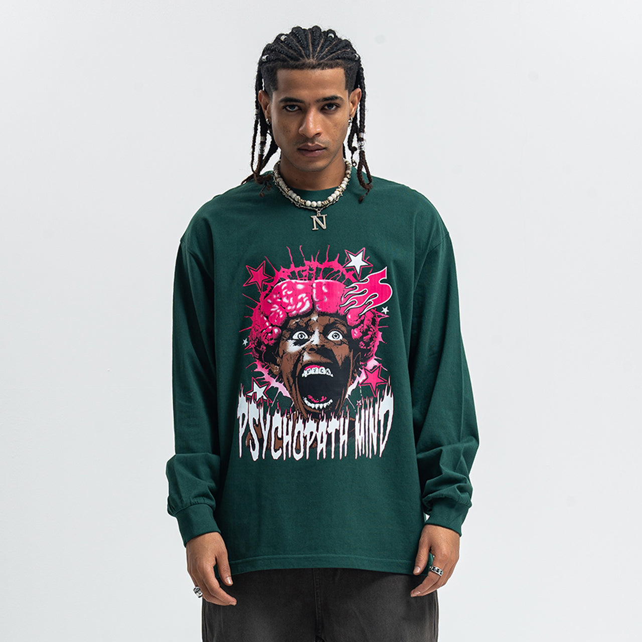 Psychopath slogan jumper long sleeve raver t-shirt grunge hip-hop top in green