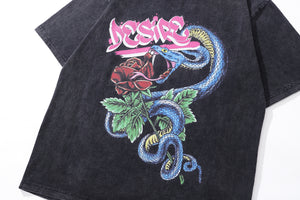 Snake t-shirt rose print tee retro poster top in vintage grey