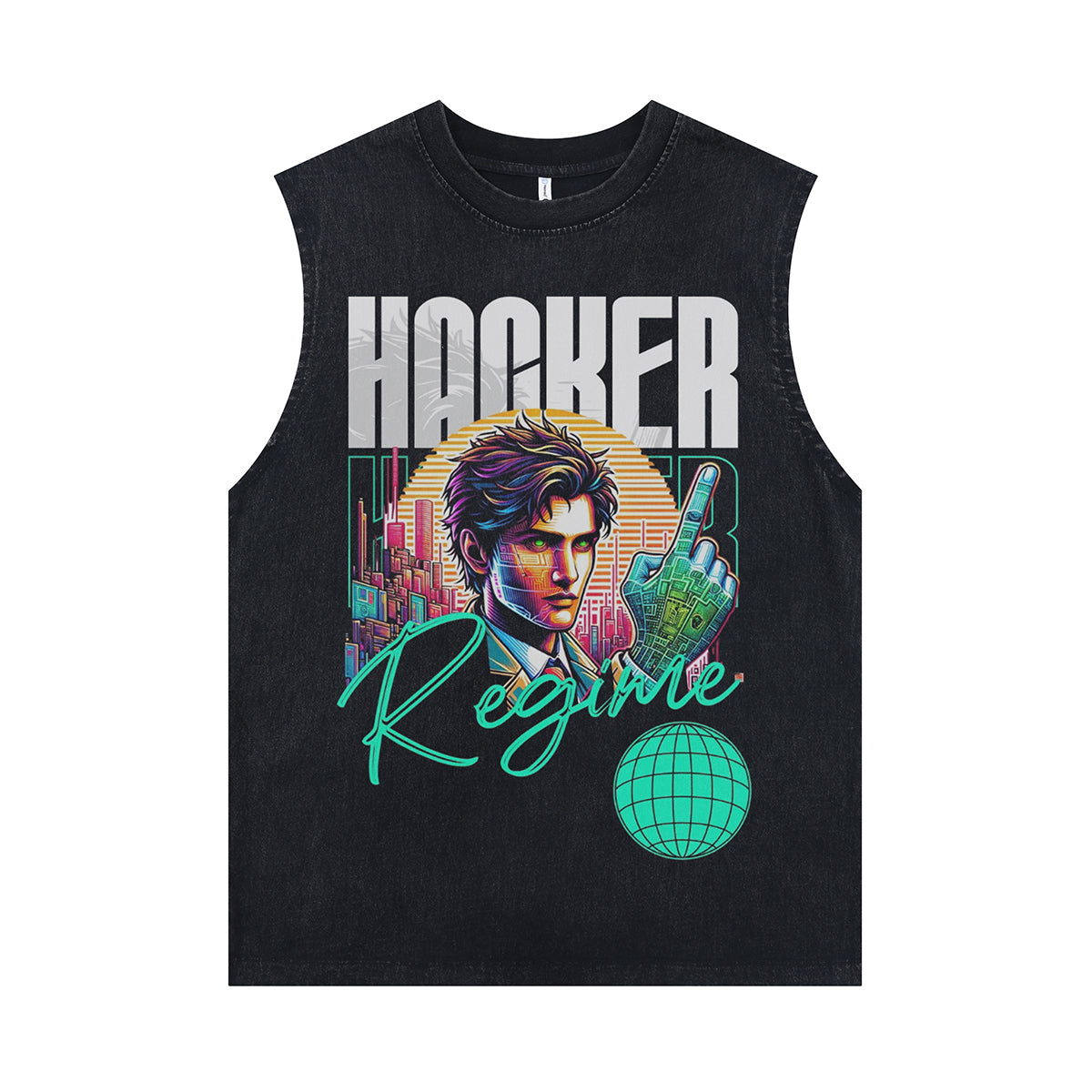 Hacker slogan sleeveless t-shirt cyberpunk surfer vest retro geek poster tank top in acid wash black