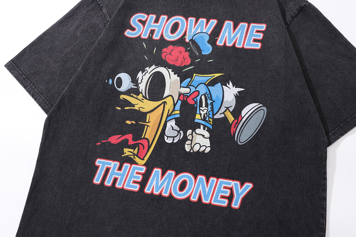 Money slogan t-shirt duck cartoon tee retro top in vintage grey