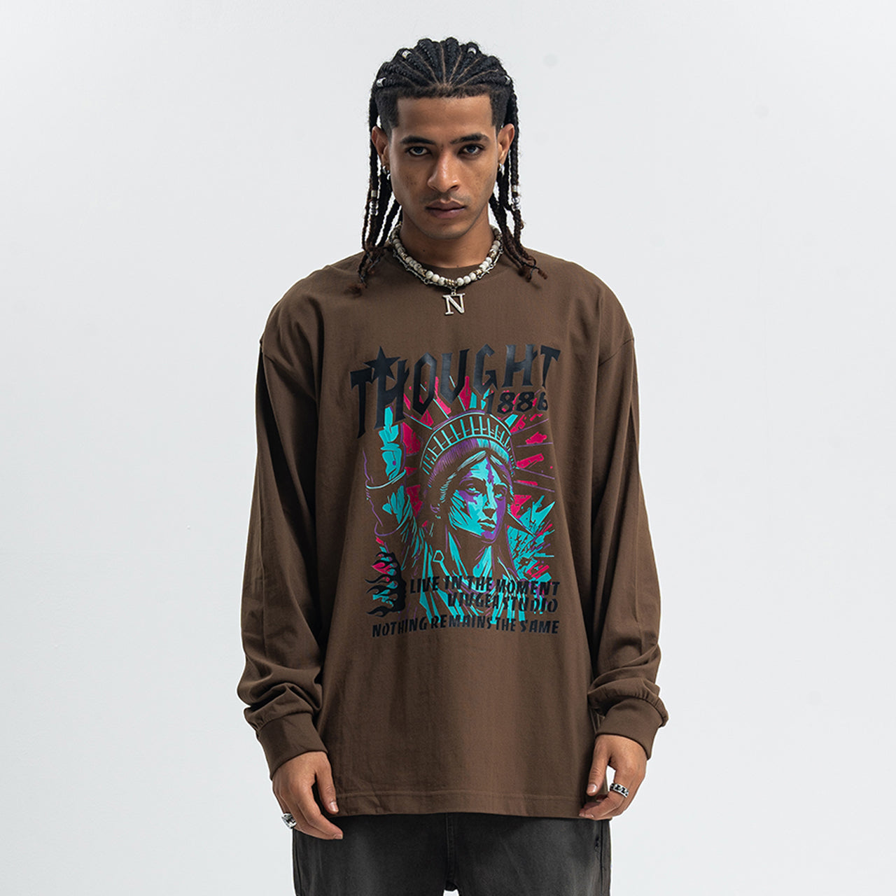 Statue of Liberty jumper creepy American top long sleeve USA t-shirt in brown