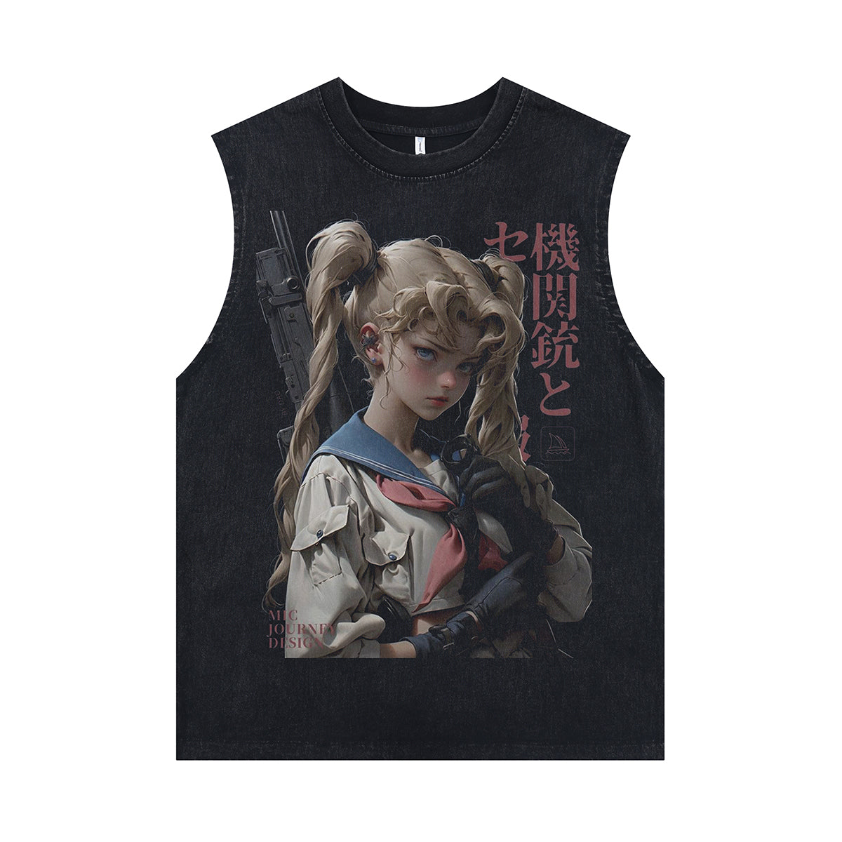 Anime girl sleeveless t-shirt vintage Japanese vest retro cartoon tank top in acid wash black