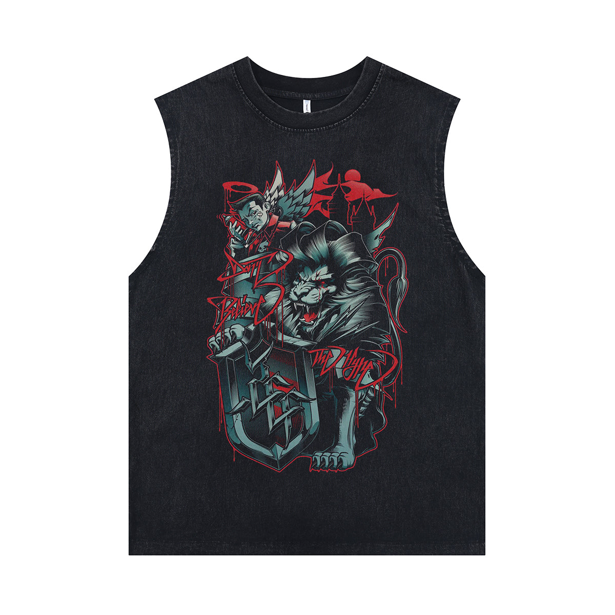 Lion print vintage sleeveless t-shirt gothic anime surfer vest retro cartoon tank top in acid wash black