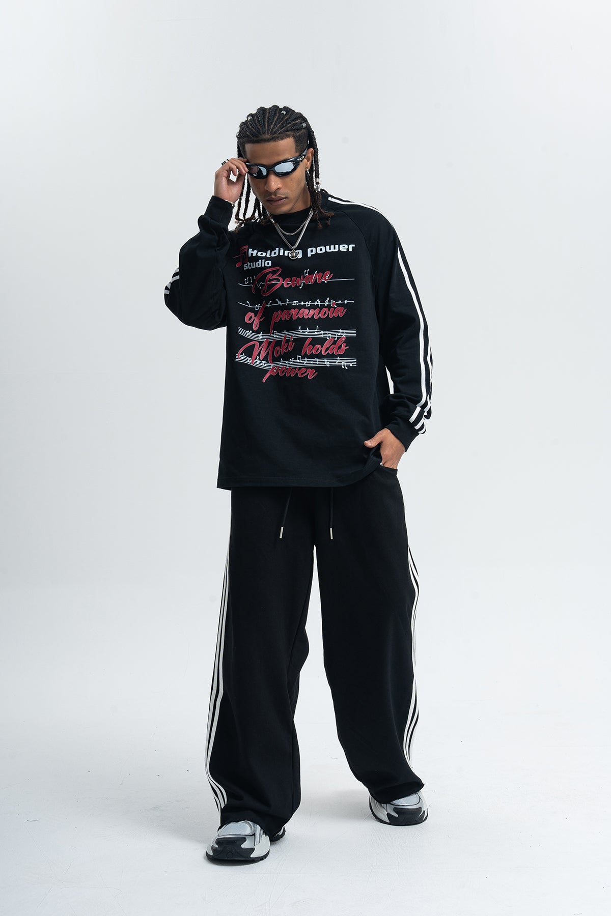 Paranoia slogan jumper long sleeve striped top music notes print retro t-shirt in white