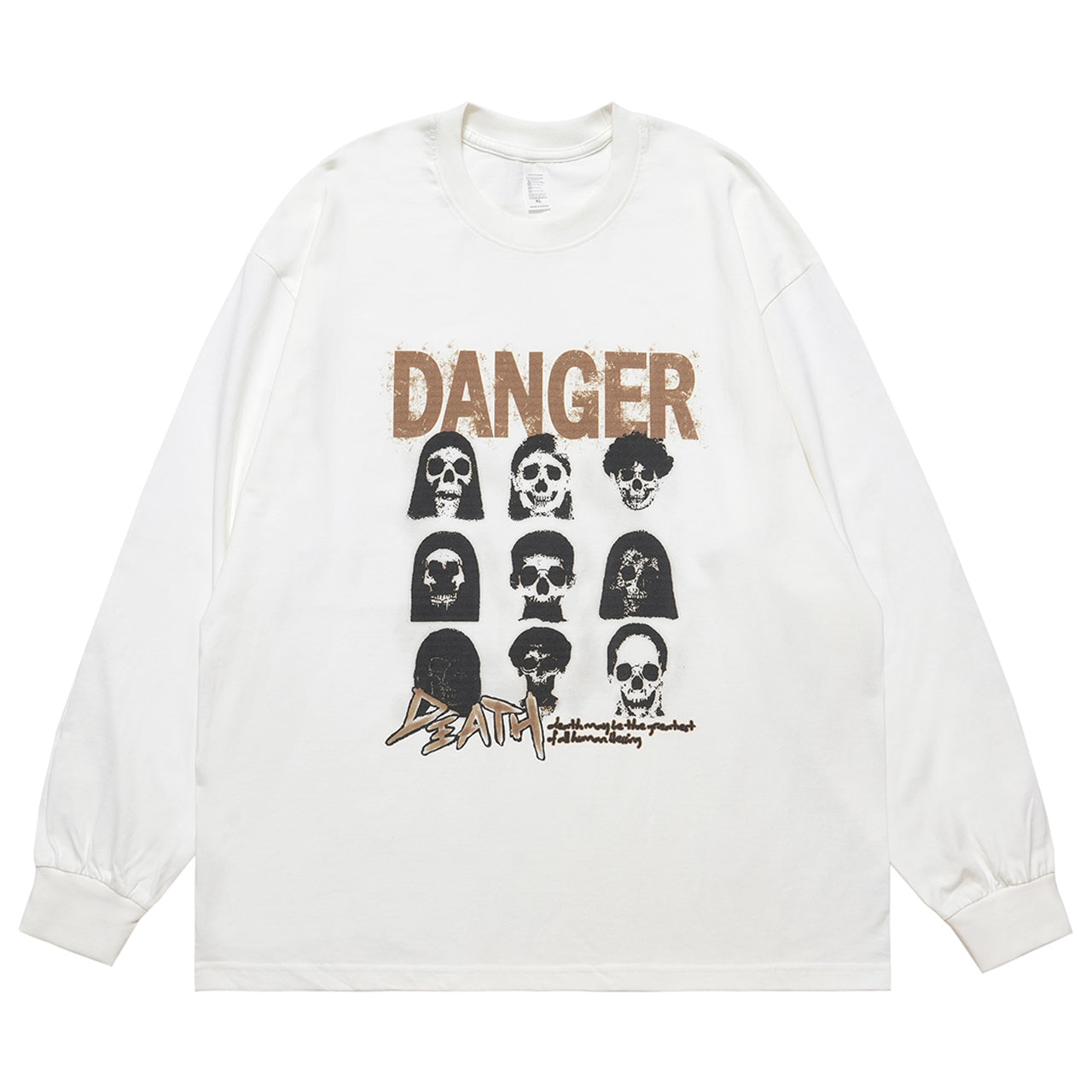 Danger slogan jumper skull print top 90s gothic poster long sleeve t-shirt in white