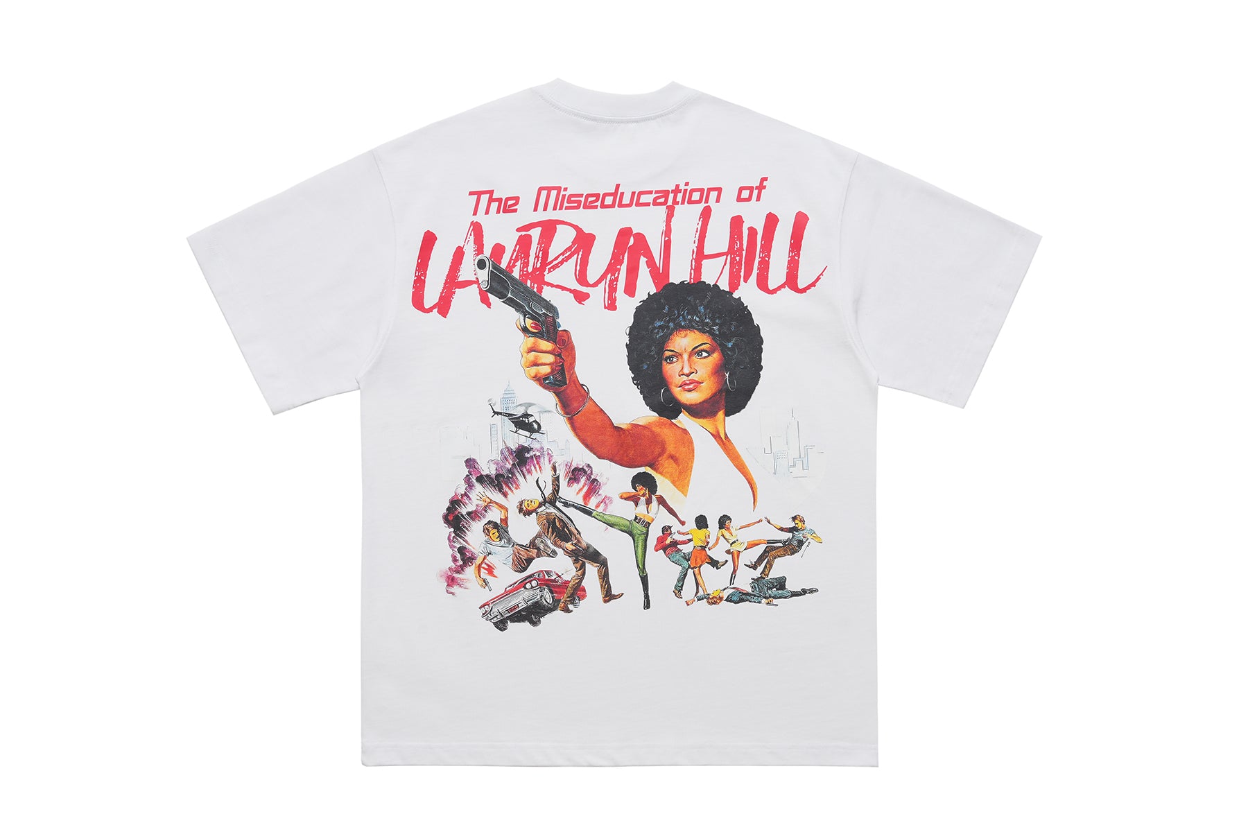 Retro movie t-shirt old cartoon top pistol print tee hip-hop jumper in White