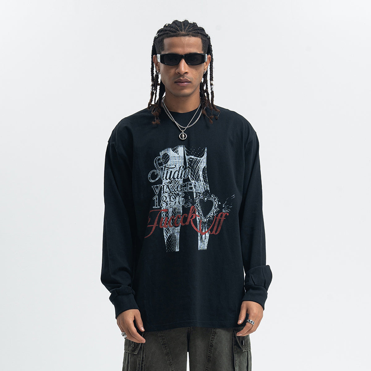 Fuck off slogan jumper pinup girl print top long sleeve retro grunge t-shirt in white