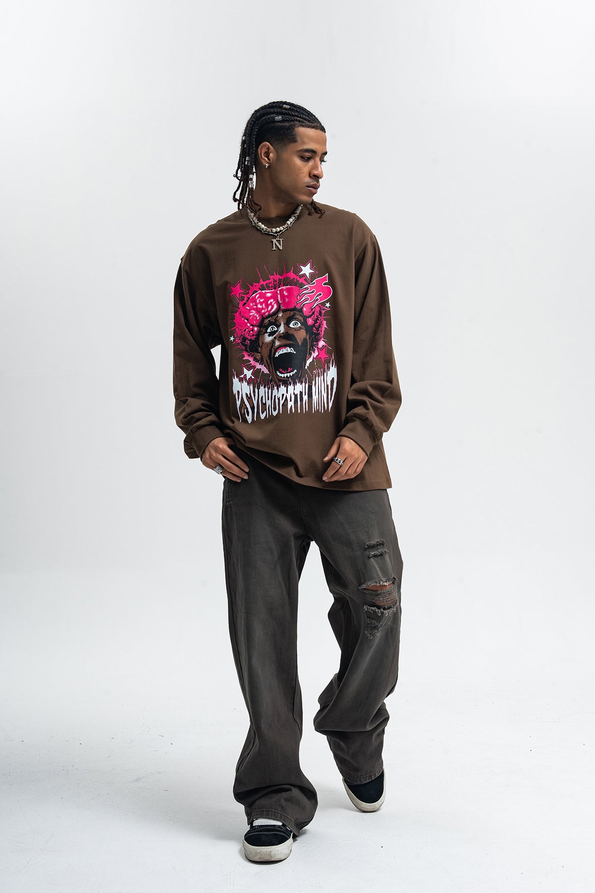 Psychopath slogan jumper long sleeve raver t-shirt grunge hip-hop top in brown
