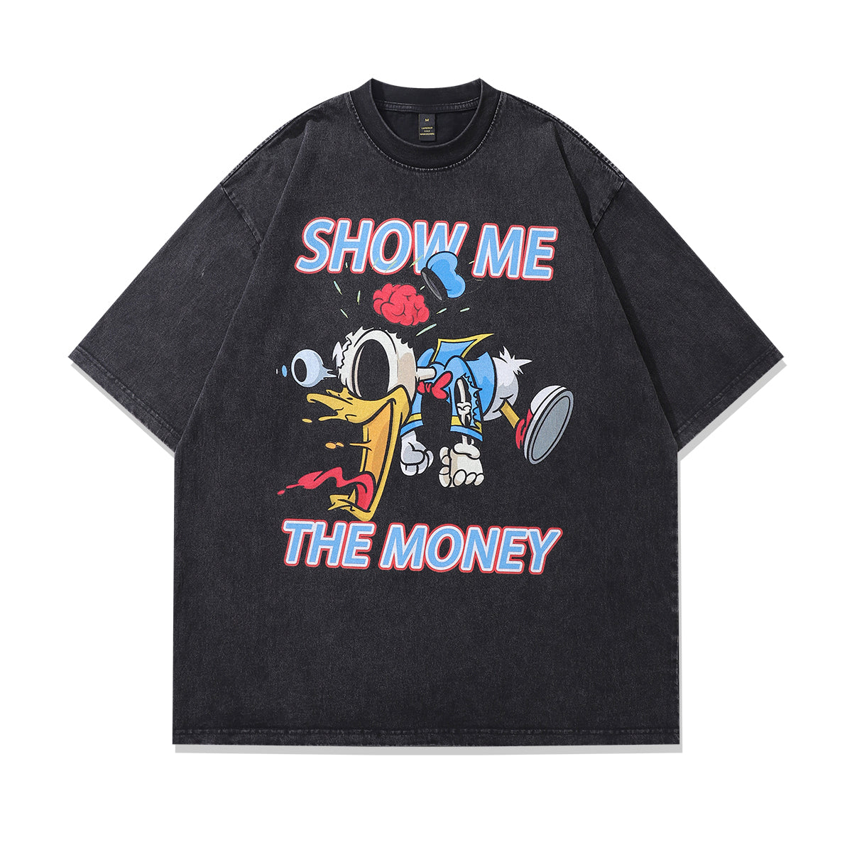 Money slogan t-shirt duck cartoon tee retro top in vintage grey