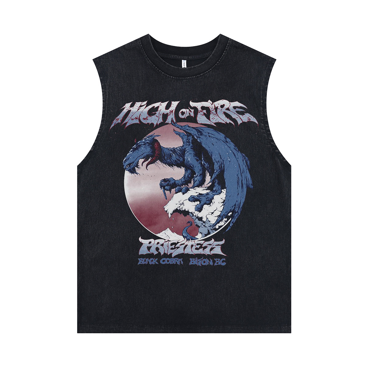 Dragon print sleeveless t-shirt 80s surfer vest retro monster cartoon tank top in acid wash black