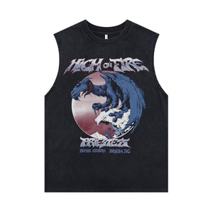 Dragon print sleeveless t-shirt 80s surfer vest retro monster cartoon tank top in acid wash black