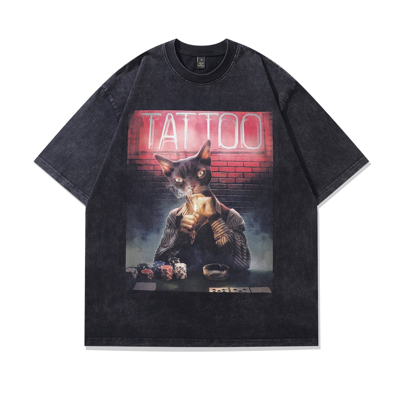 Tattoo t-shirt cat print tee retro poster top in vintage grey