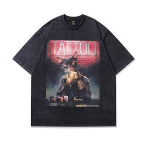 Tattoo t-shirt cat print tee retro poster top in vintage grey