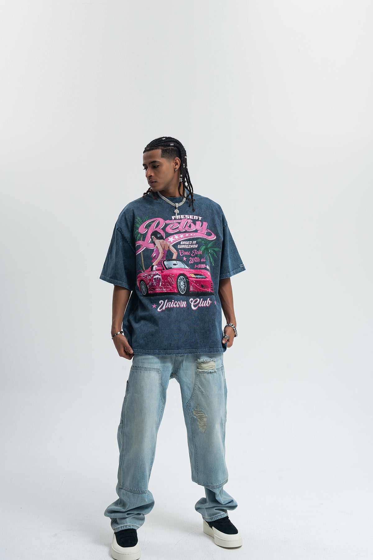 Retro car t-shirt racing top unicorn slogan tee in Purple