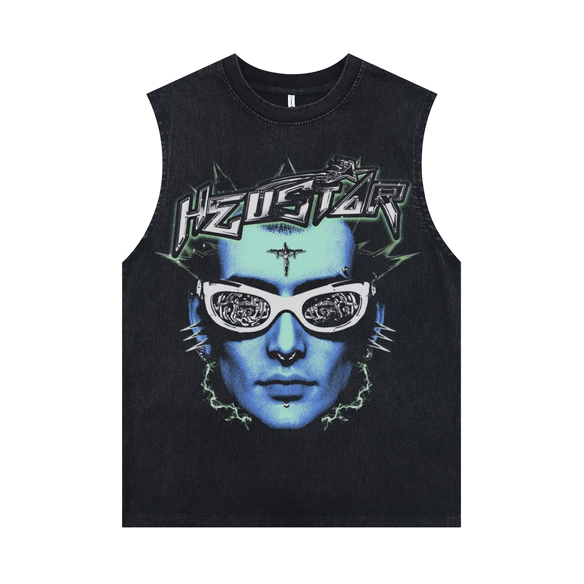 Cyberpunk sleeveless t-shirt psychedelic vest futuristic tank top in acid wash black