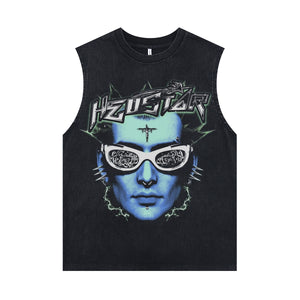 Cyberpunk sleeveless t-shirt psychedelic vest futuristic tank top in acid wash black