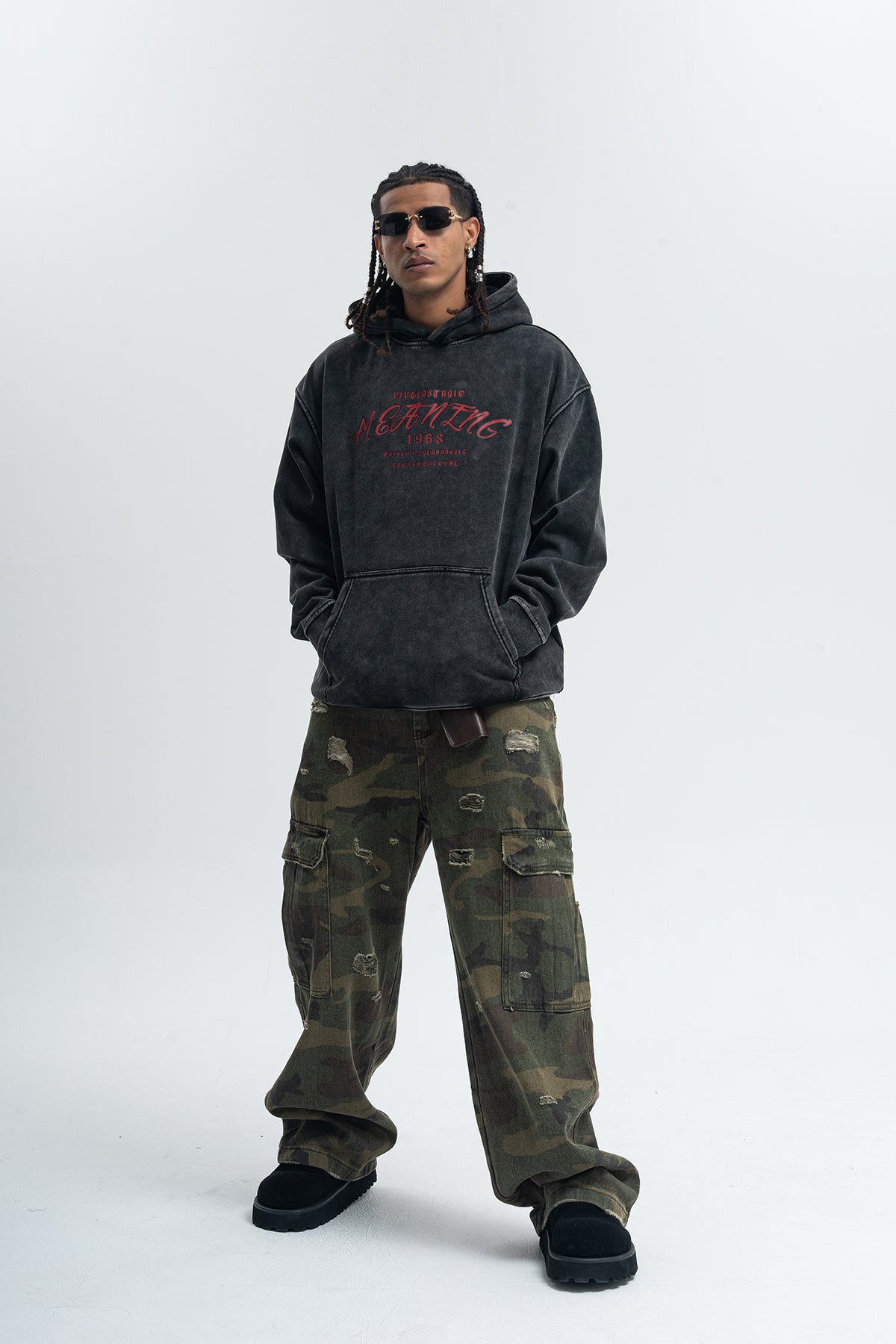 Palm print hoodie vintage hip-hop pullover retro gangster top tattoo print jumper in acid grey