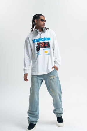 Magician slogan jumper long sleeve singer t-shirt rocker top in white