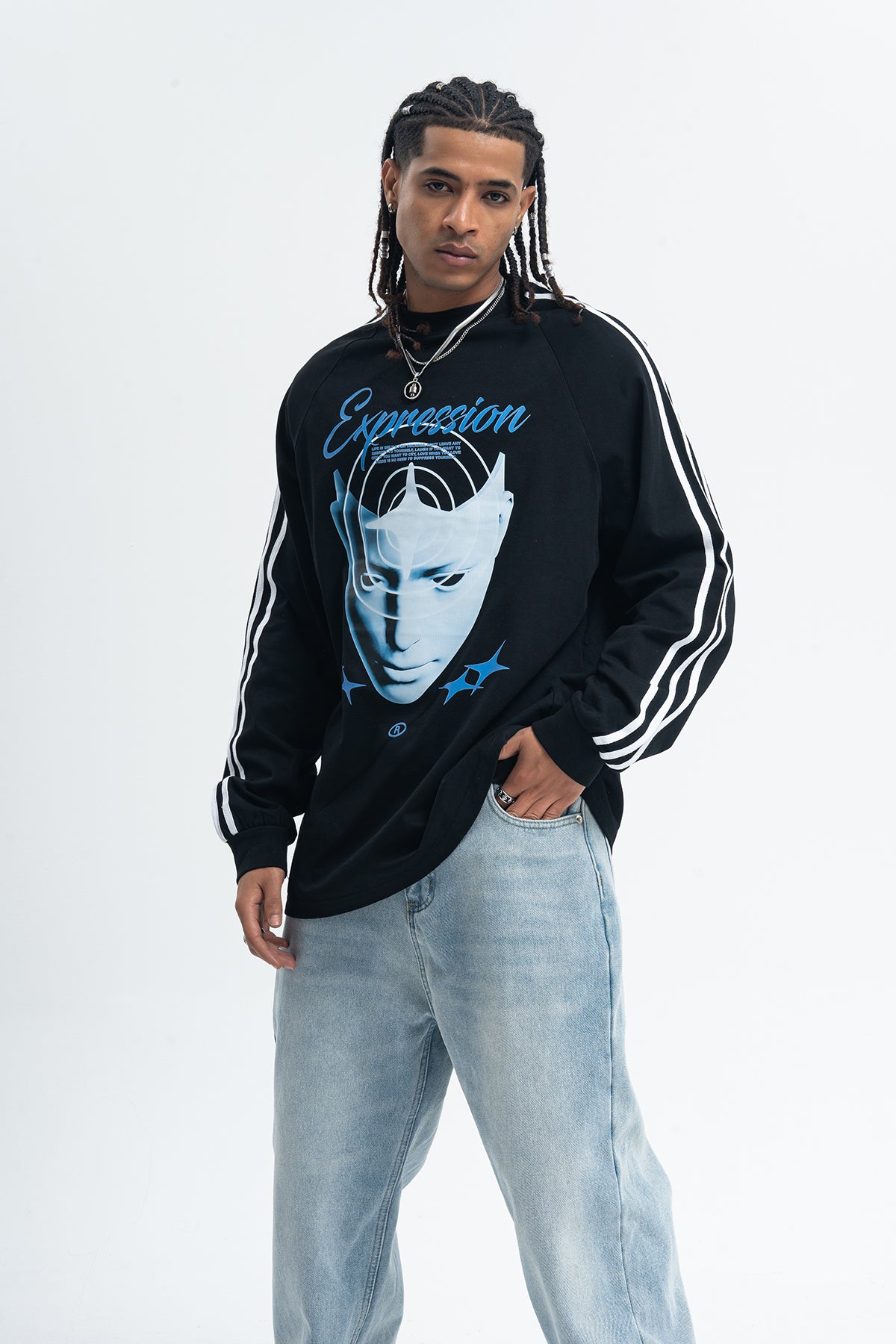 Psychedelic jumper long sleeve cybepunk top alien print t-shirt grunge striped pullover in black