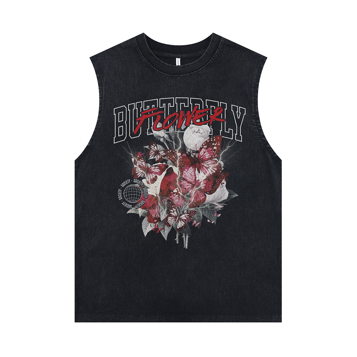 Preppy butterfly sleeveless t-shirt retro floral surfer vest flower print tank top in acid wash black