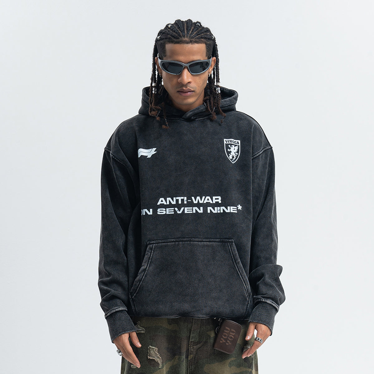 Anti war hoodie vintage wash peace jumper retro grunge top in acid grey