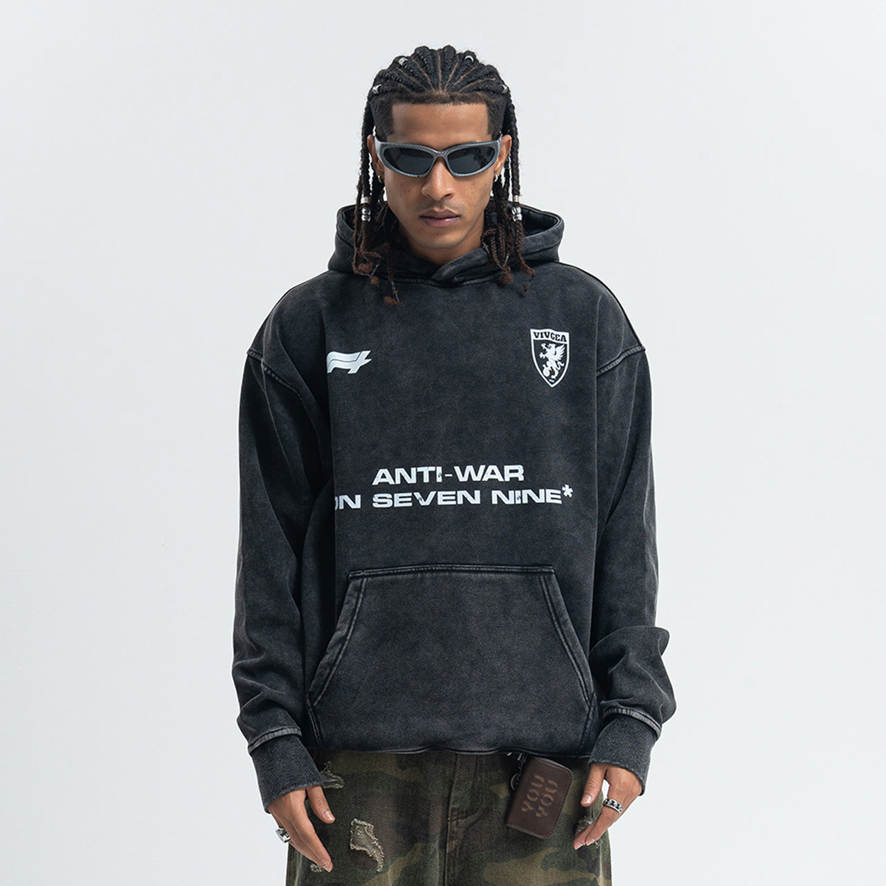 Anti war hoodie vintage wash peace jumper retro grunge top in acid grey