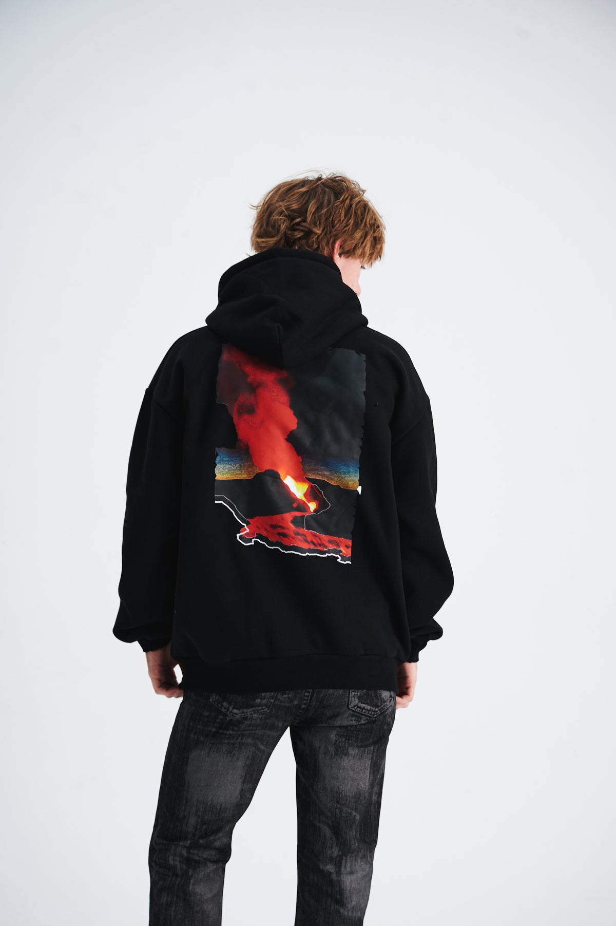 Volcano print hoodie gorpcore flame pullover less is more slogan jumper in black