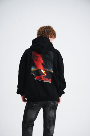 Volcano print hoodie gorpcore flame pullover less is more slogan jumper in black