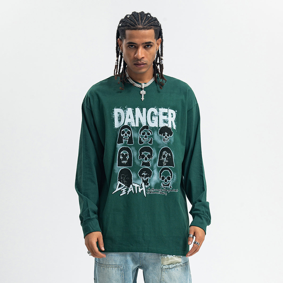 Danger slogan jumper skull print top 90s gothic poster long sleeve t-shirt in green