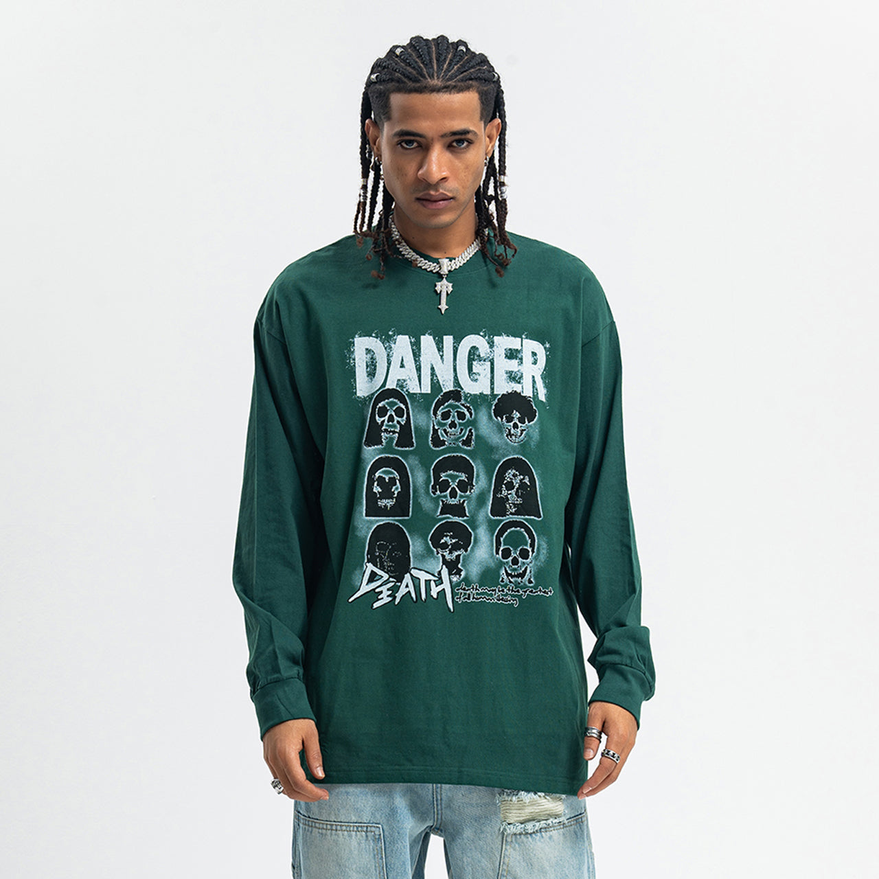 Danger slogan jumper skull print top 90s gothic poster long sleeve t-shirt in green
