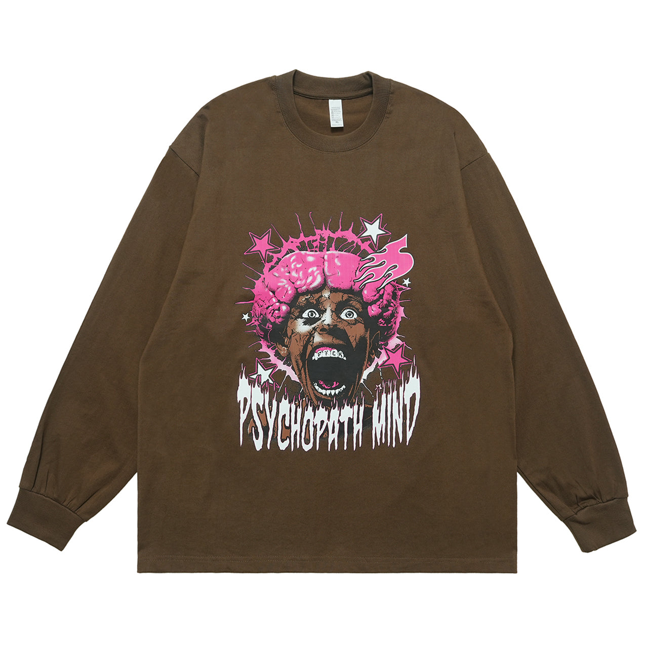 Psychopath slogan jumper long sleeve raver t-shirt grunge hip-hop top in brown