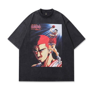 Basketball player cartoon t-shirt Japanese anime tee retro sports top in vintage grey