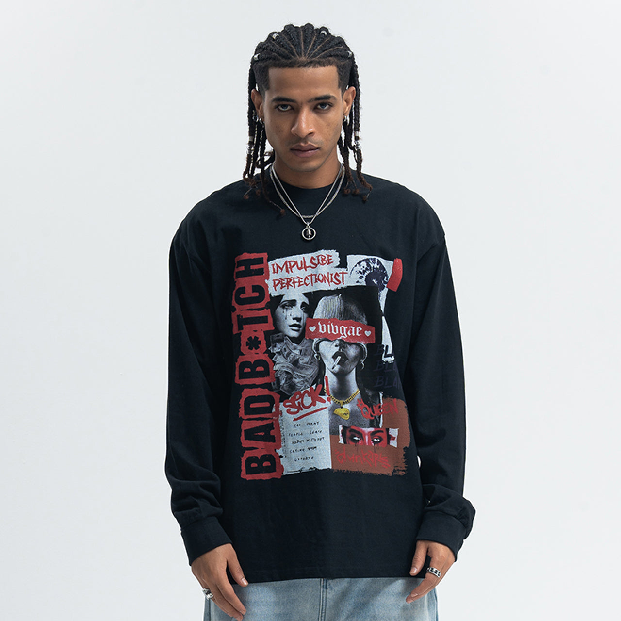 Bad bitch slogan top long sleeve raver tee grunge graffiti t-shirt in black