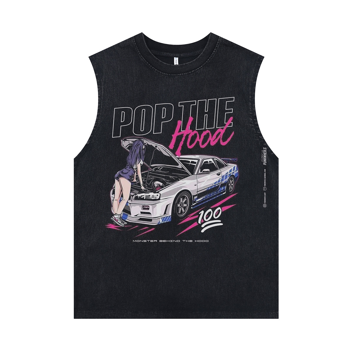 Anime car sleeveless t-shirt motorsports cartoon vest 00s racing poster tank top in acid wash black