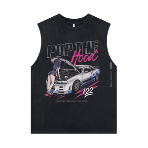Anime car sleeveless t-shirt motorsports cartoon vest 00s racing poster tank top in acid wash black
