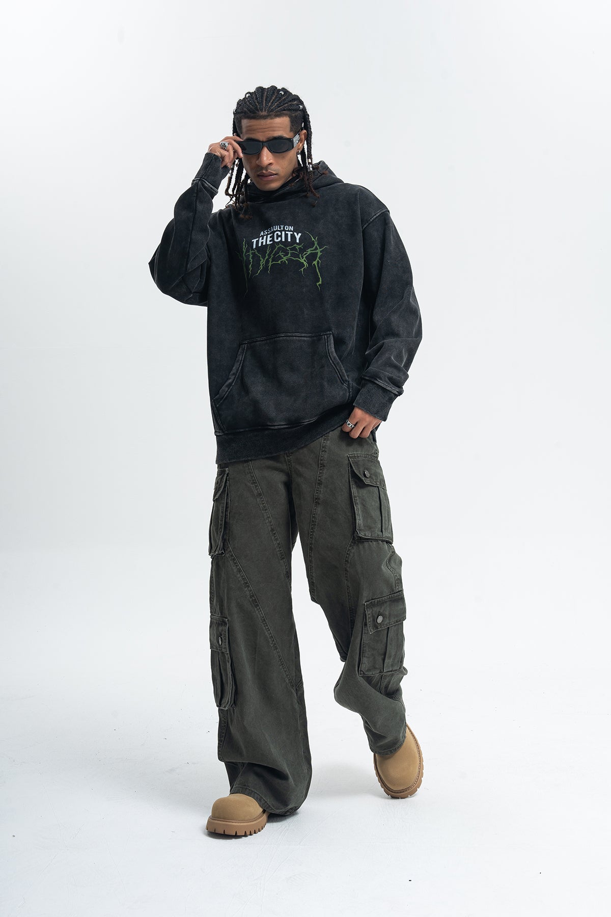 Thunder print hoodie cyberpunk pullover city slogan jumper in acid vintage grey