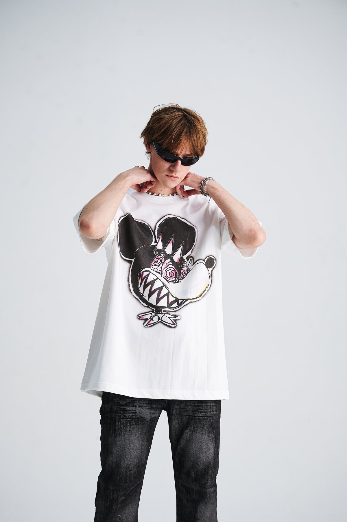 Punk mouse t-shirt Mickey top graffiti tee cartoon jumper in white