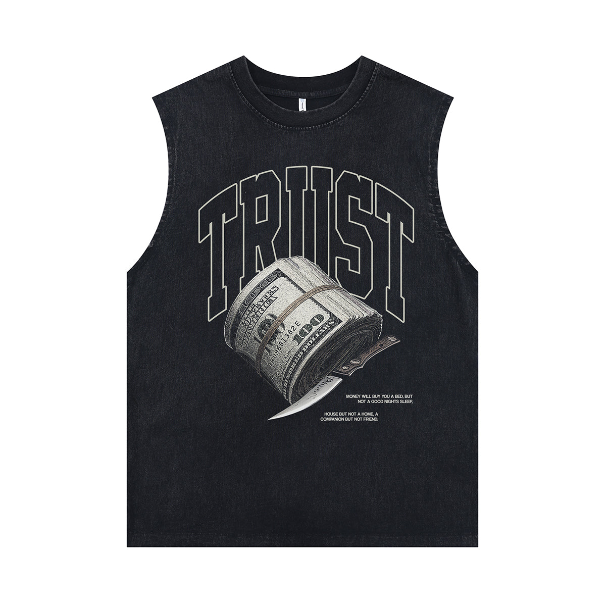 Money stash sleeveless t-shirt dollar print surfer vest gangster tank top in acid wash black
