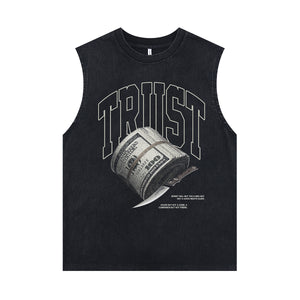 Money stash sleeveless t-shirt dollar print surfer vest gangster tank top in acid wash black