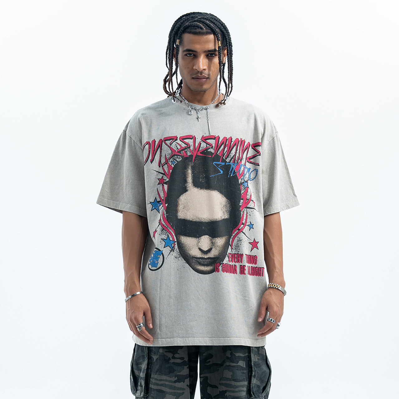 Gothic t-shirt blindfolded girl top creepy print tee in cream