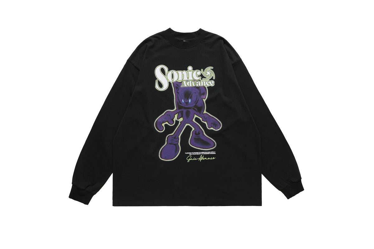 Retro gamer top Sonic long sleeve t-shirt old cartoon tee black