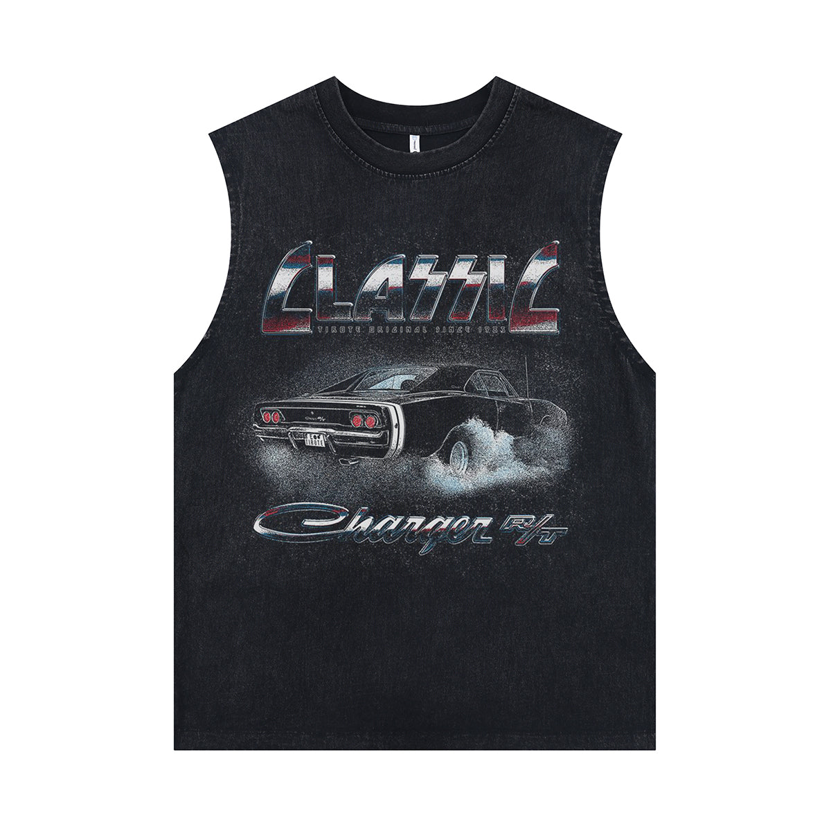 80s car sleeveless t-shirt racing surfer vest motorsports tank top in acid wash black