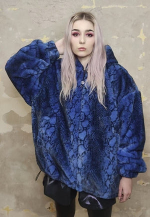 Snake fleece jacket detachable handmade python bomber blue