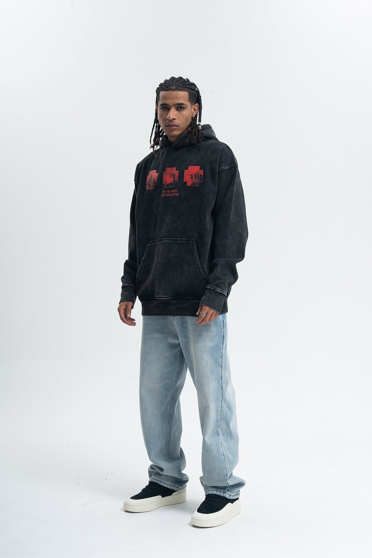 Creepy print hoodie gothic pullover retro cartoon jumper in vintage acid grey