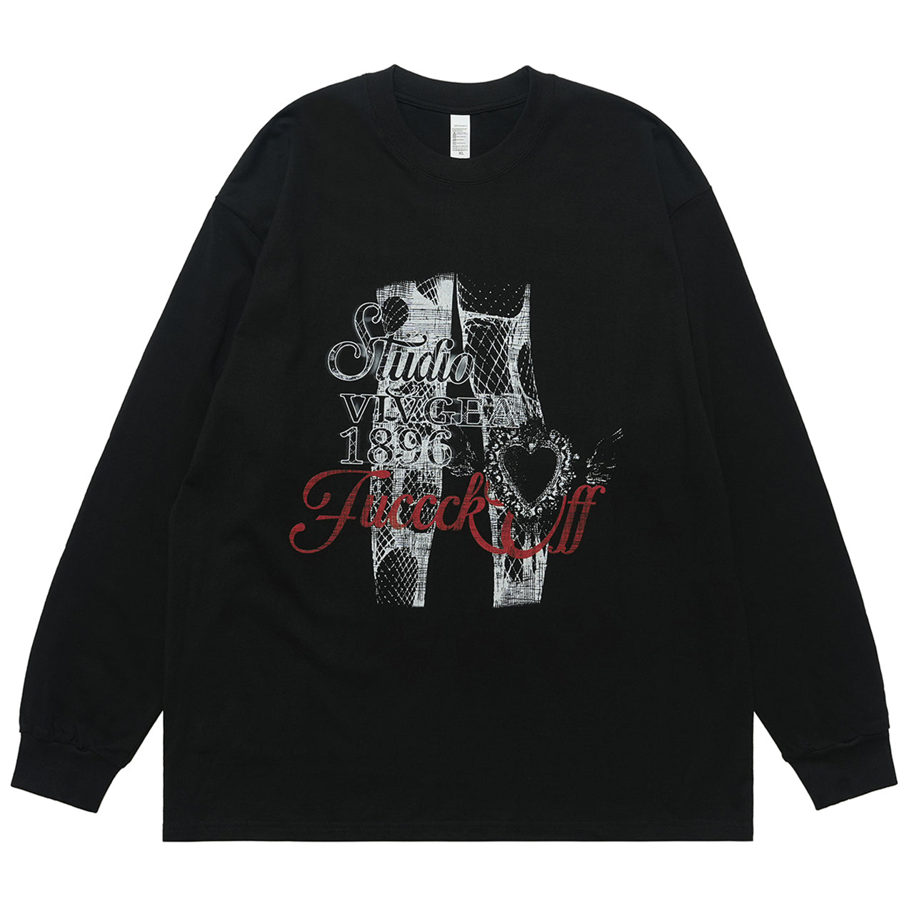 Fuck off slogan jumper pinup girl print top long sleeve retro grunge t-shirt in black