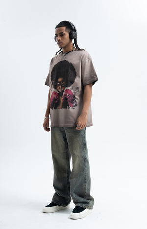 Kid boxer t-shirt retro cartoon top motivational slogan tee in grey