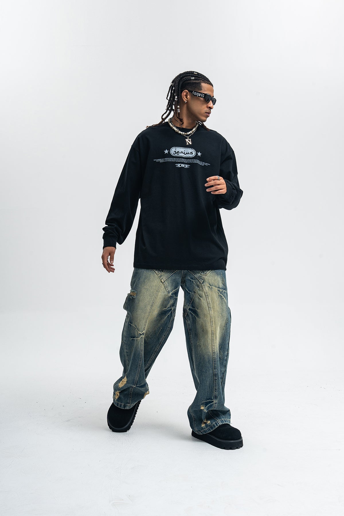 Genius slogan jumper 00s grunge long sleeve top skater t-shirt in black