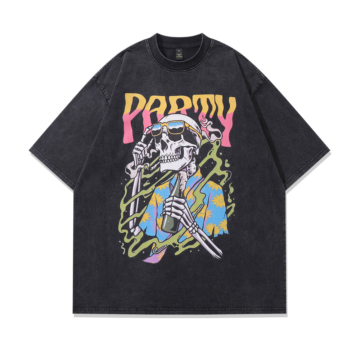 Party slogan t-shirt skeleton cartoon tee retro hawaii top in vintage grey