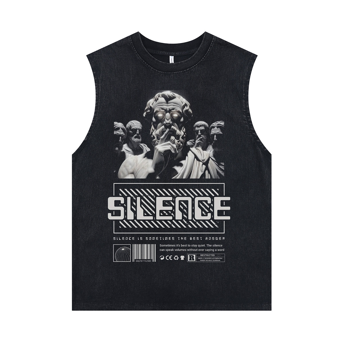 Silence slogan sleeveless t-shirt Greek god surfer vest retro ancient poster tank top in acid wash black