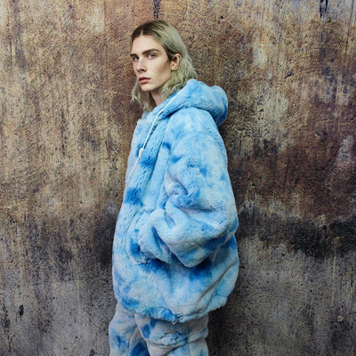 Tie-dye fleece jacket handmade pastel faux fur coat rave jacket premium fluffy 2 in 1 hooded festival bomber detachable puffer in sky blue